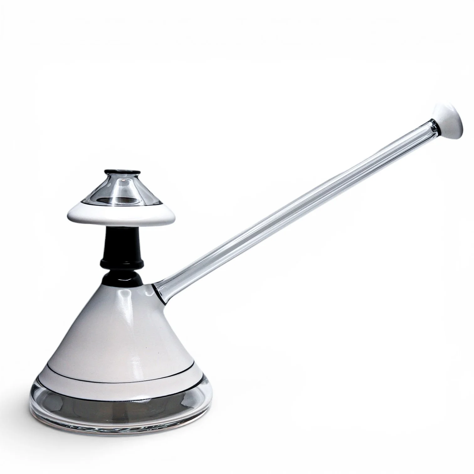 A modern, decorative smoking pipe with a white and black color scheme, featuring a glass bowl and a long, clear glass stem.