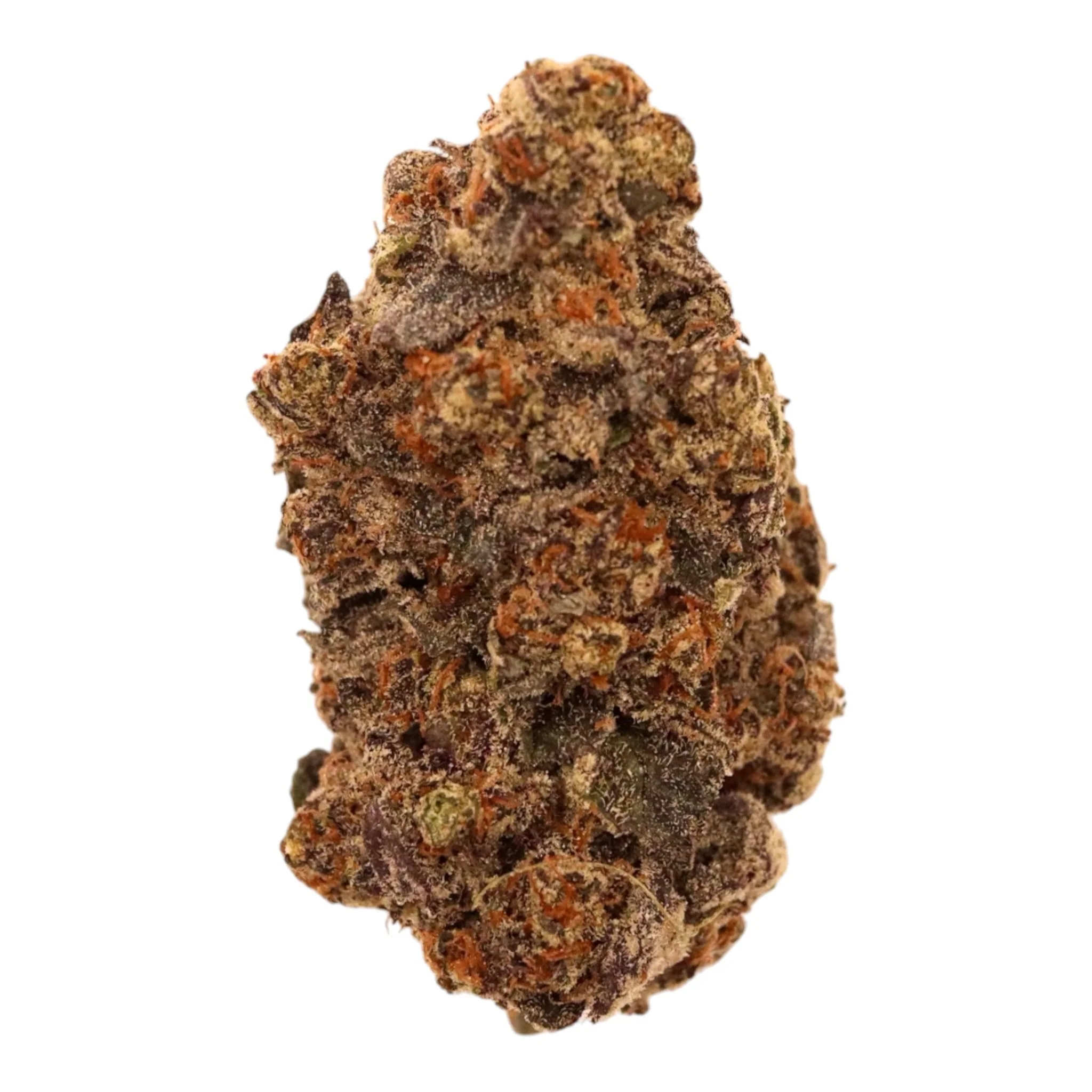 Close-up of a cannabis flower with orange hairs and green buds, isolated on a white background.