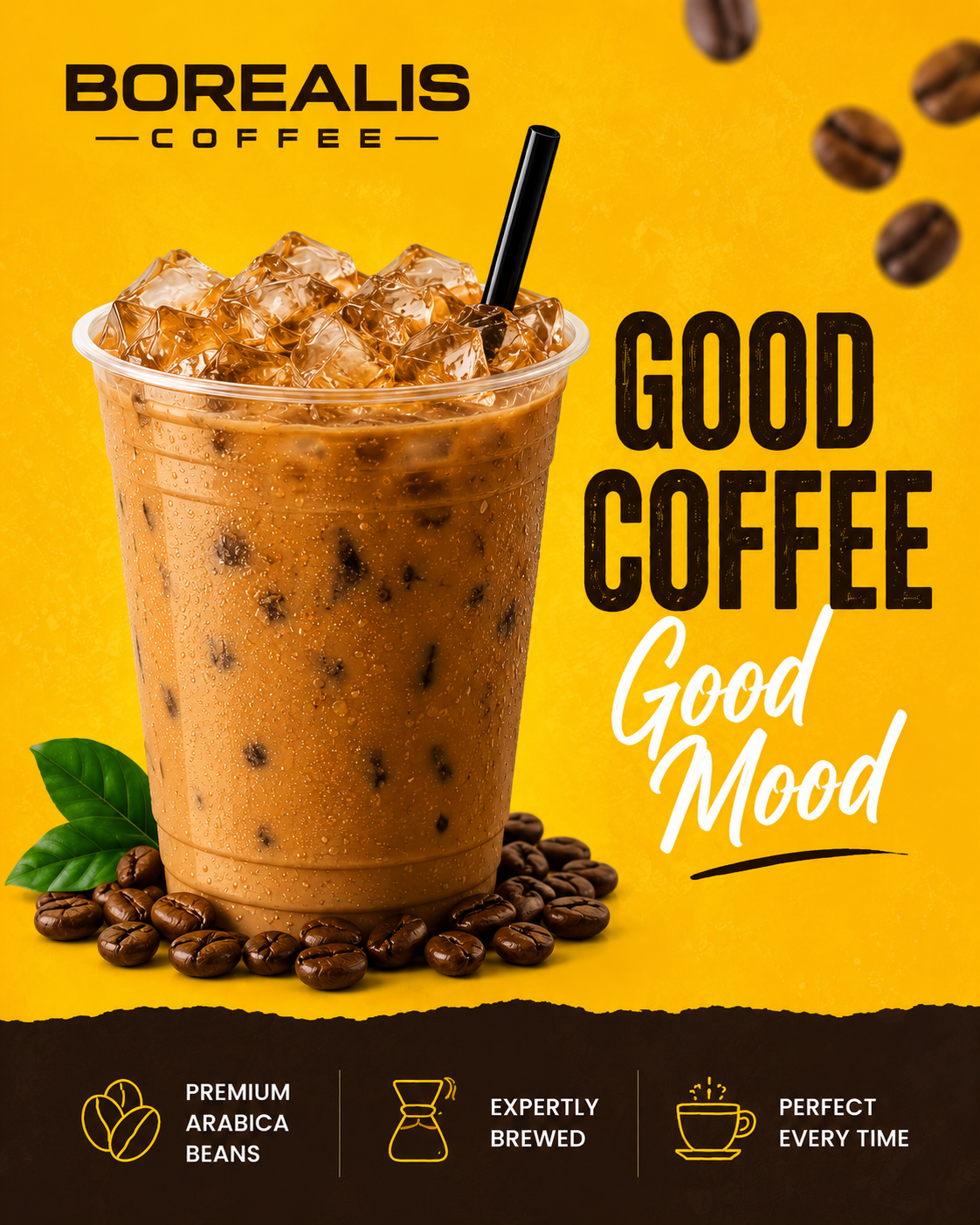A promotional image for Borealis Coffee featuring a large iced coffee with ice cubes and a black straw, surrounded by coffee beans and a green leaf on a yellow background. The text says, "Good Coffee, Good Mood," with additional icons and text promot