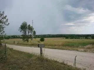 Open rural landscape with a dirt road, a few trees, and a cloudy sky.