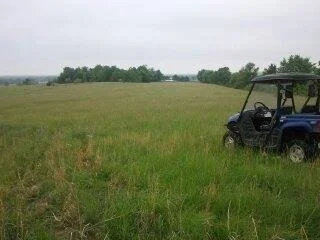A golf cart parked in an open grassy field with trees in the distance under a cloudy sky.