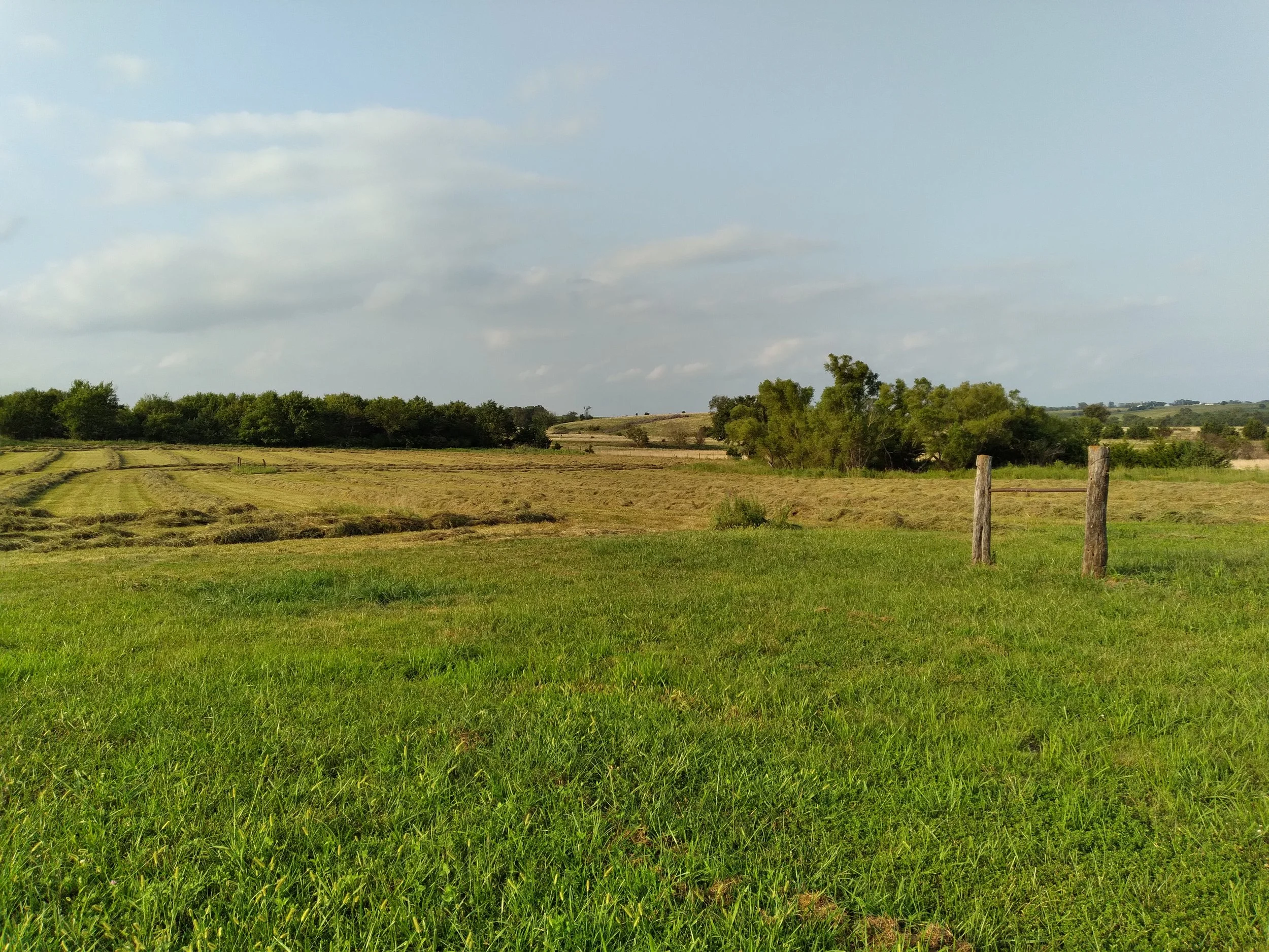 Open grassy field with a wooden fence post in the foreground, rolling farmland, trees, and a partly cloudy sky in the distance.