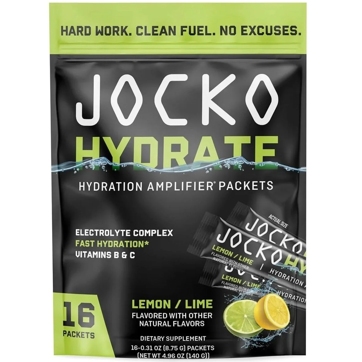 Package of Jocko Hydrate hydration amplifier packets, lemon/lime flavor, with an image of lemon and lime slices.