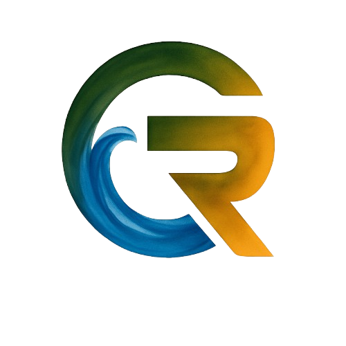 Logo with a stylized letter G and R integrated with a wave design in blue and green colors.