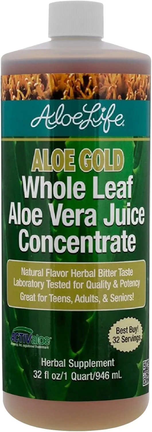 A bottle of AloeLife Aloe Gold Whole Leaf Aloe Vera Juice Concentrate with a white cap, green label, and gold accents, labeled for herbal supplement use.