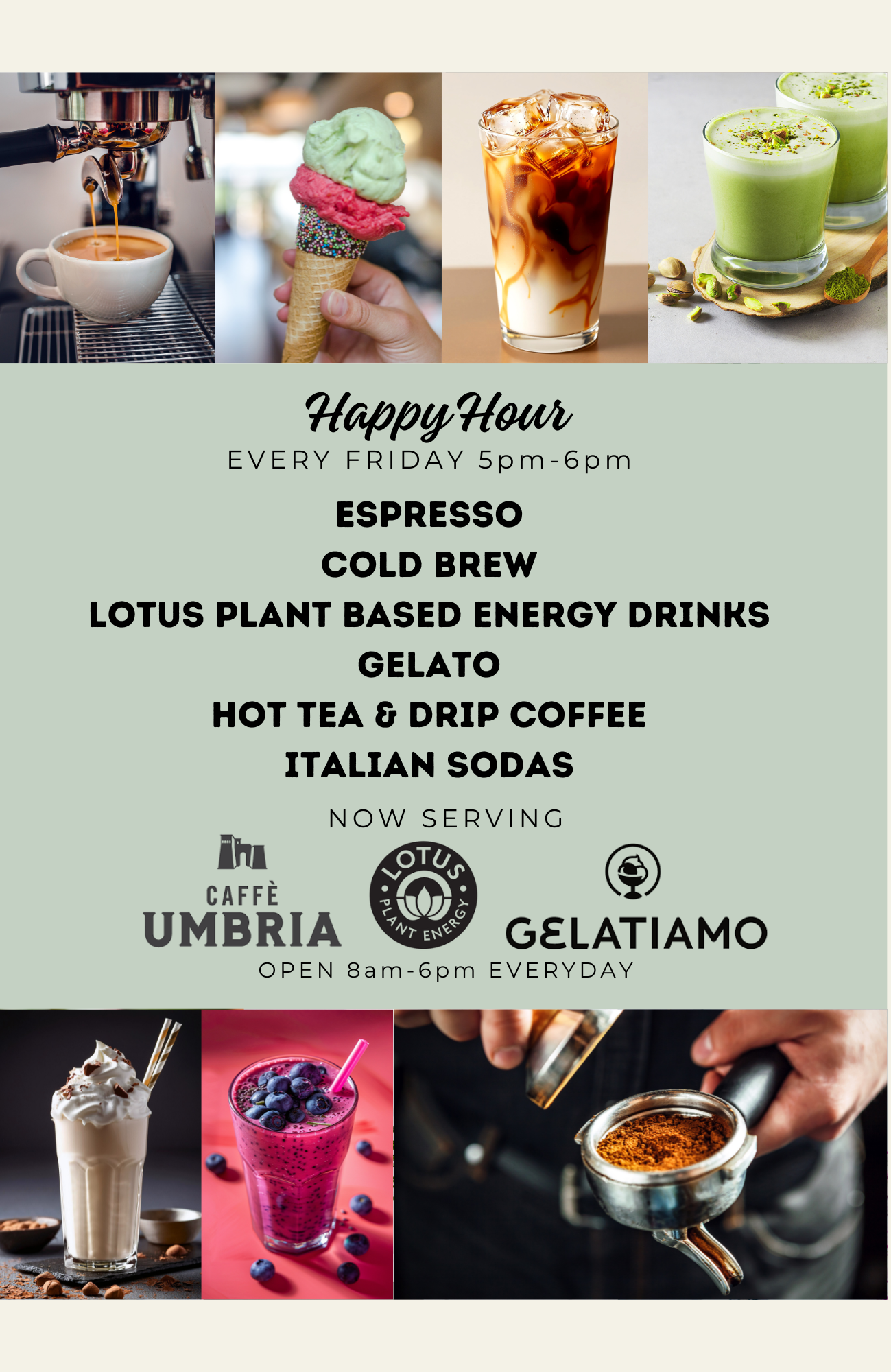 A promotional poster for happy hour at three cafes, featuring images of coffee, ice cream, iced coffee, matcha, and other beverages, with text detailing the menu and hours.
