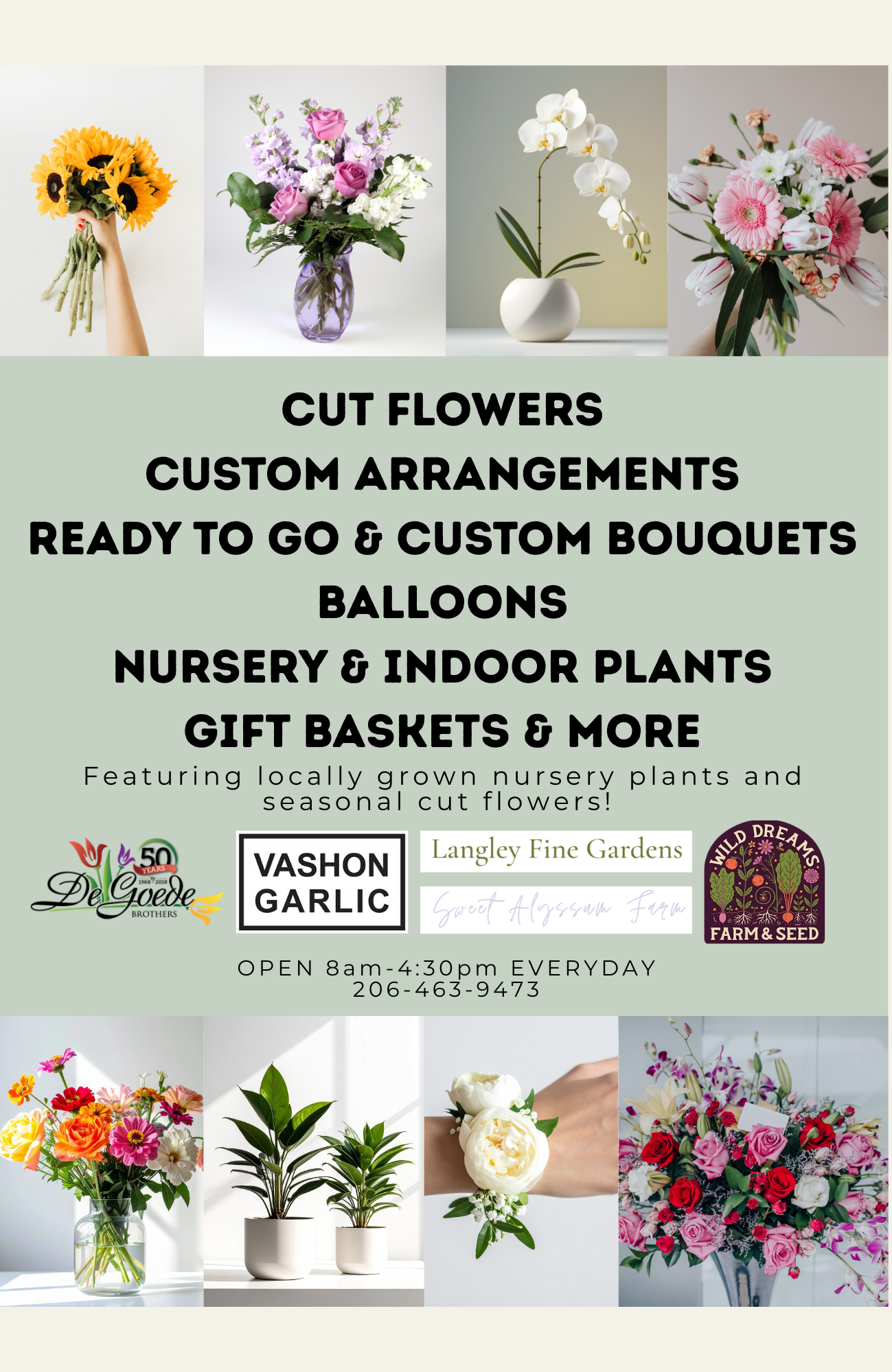 A flyer advertising a flower shop that offers cut flowers, custom arrangements, bouquets, balloons, nursery, indoor plants, gift baskets, and more. Features images of various flowers and plants.