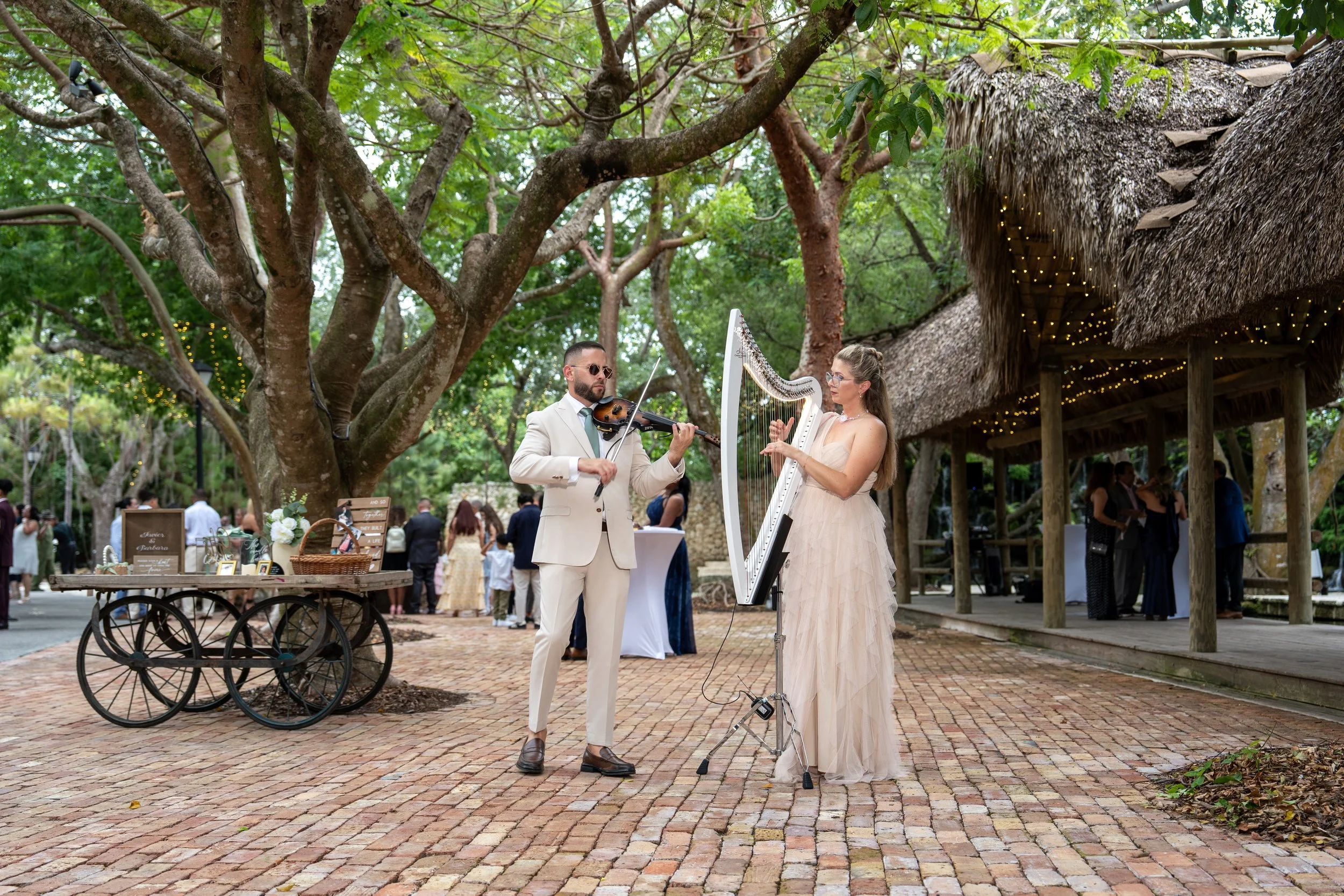 Cocktail hour violin and harp music at The Barn 305 wedding venue