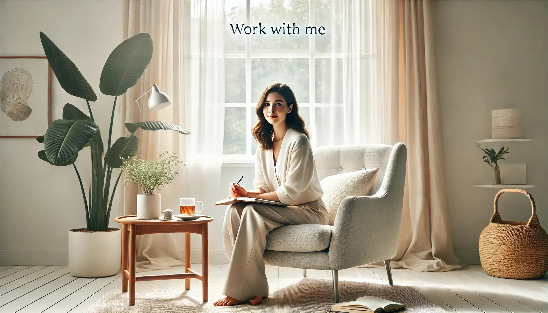 A woman sitting in a living room with a neutral color palette, holding a pen and notepad, surrounded by plants, illuminated by natural light from a large window, with the words 'Work with me' above her.