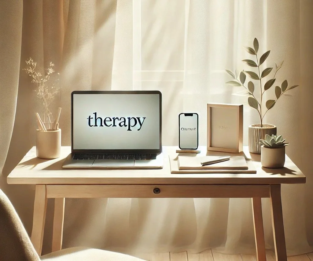 A wooden desk with a laptop displaying the word 'therapy,' a smartphone, a notebook with a pen, a picture frame, and several potted plants, all in a softly lit room with beige curtains.