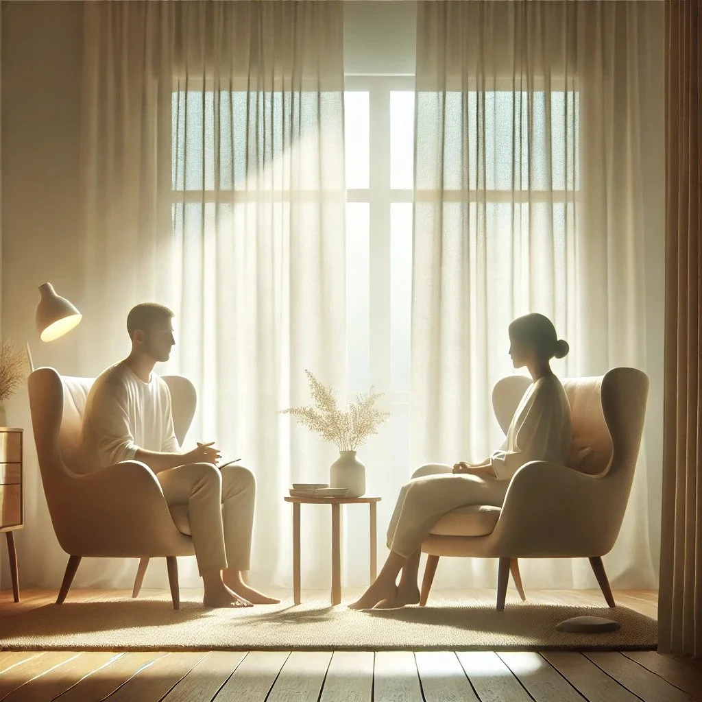 A man and woman sitting in armchairs facing each other in a well-lit room with large window and sheer curtains.