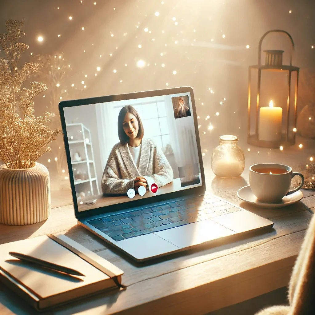 A person is having a video call on a laptop in a cozy, warmly lit room with candles, lantern, and decorative plants.