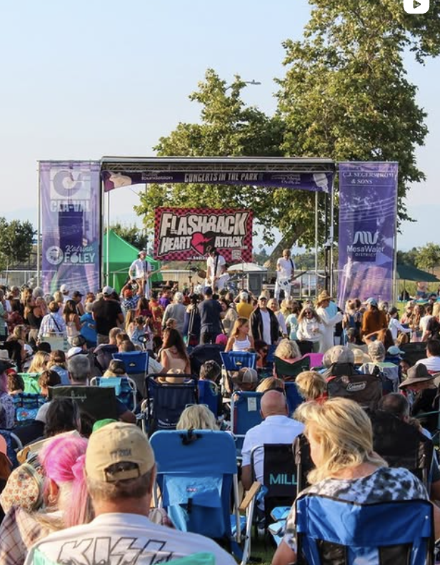 costa mesa foundations concert in the park series featuring people watching the local band 'Flashback Heart Attack.'