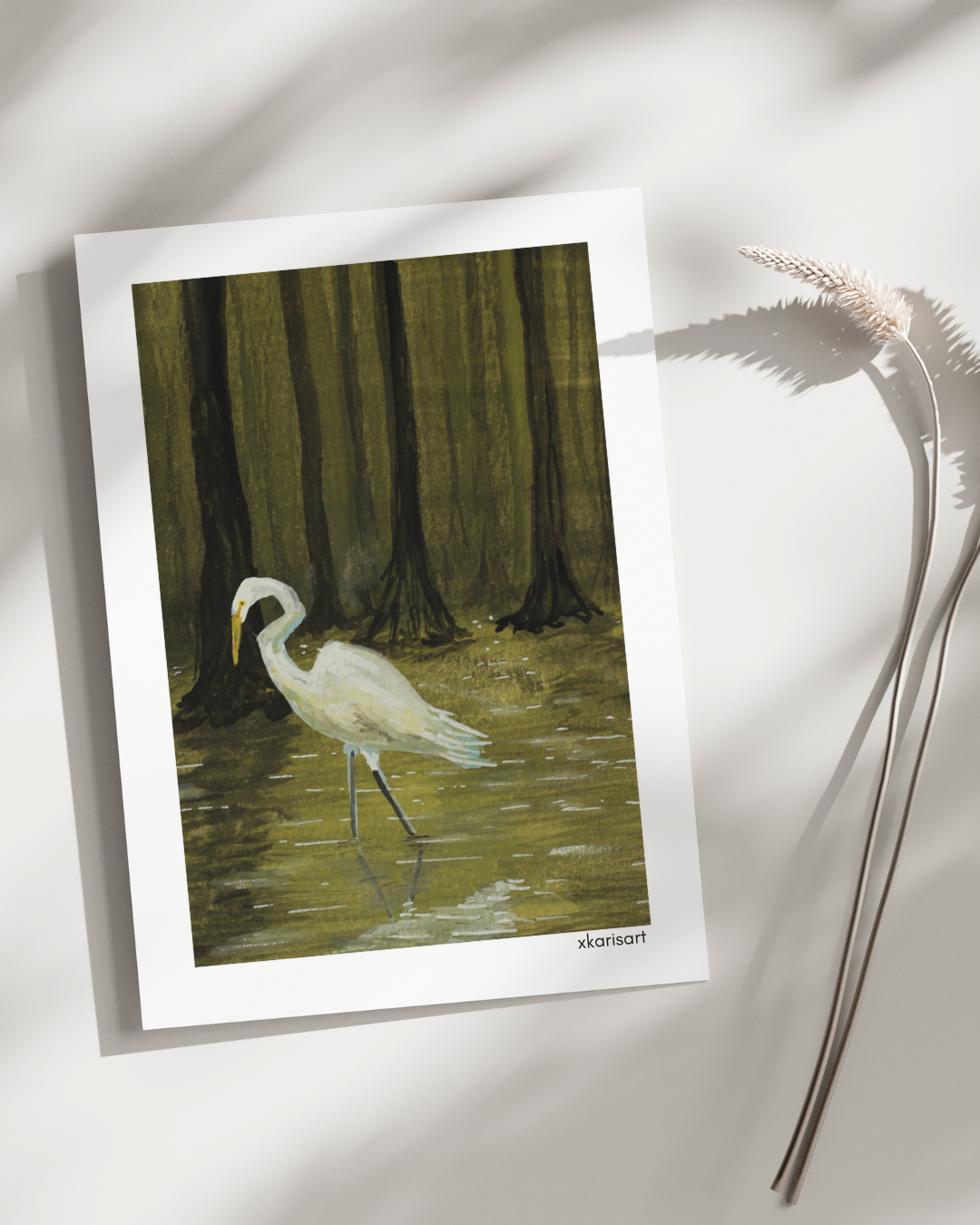 Egret in Cyprus Gardens in Gouache (5x7)