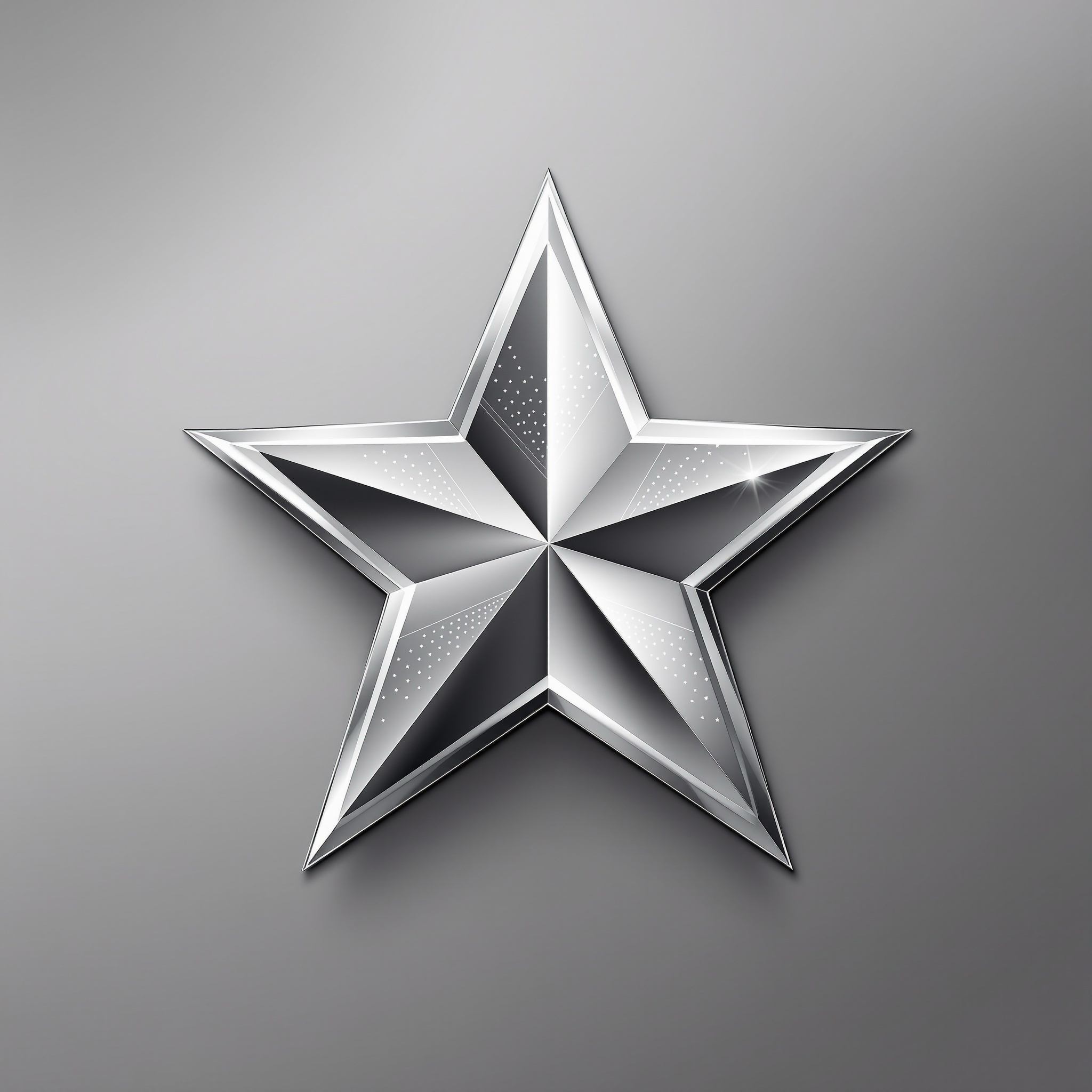 A silver, metallic, five-pointed star with a 3D appearance on a gray background.