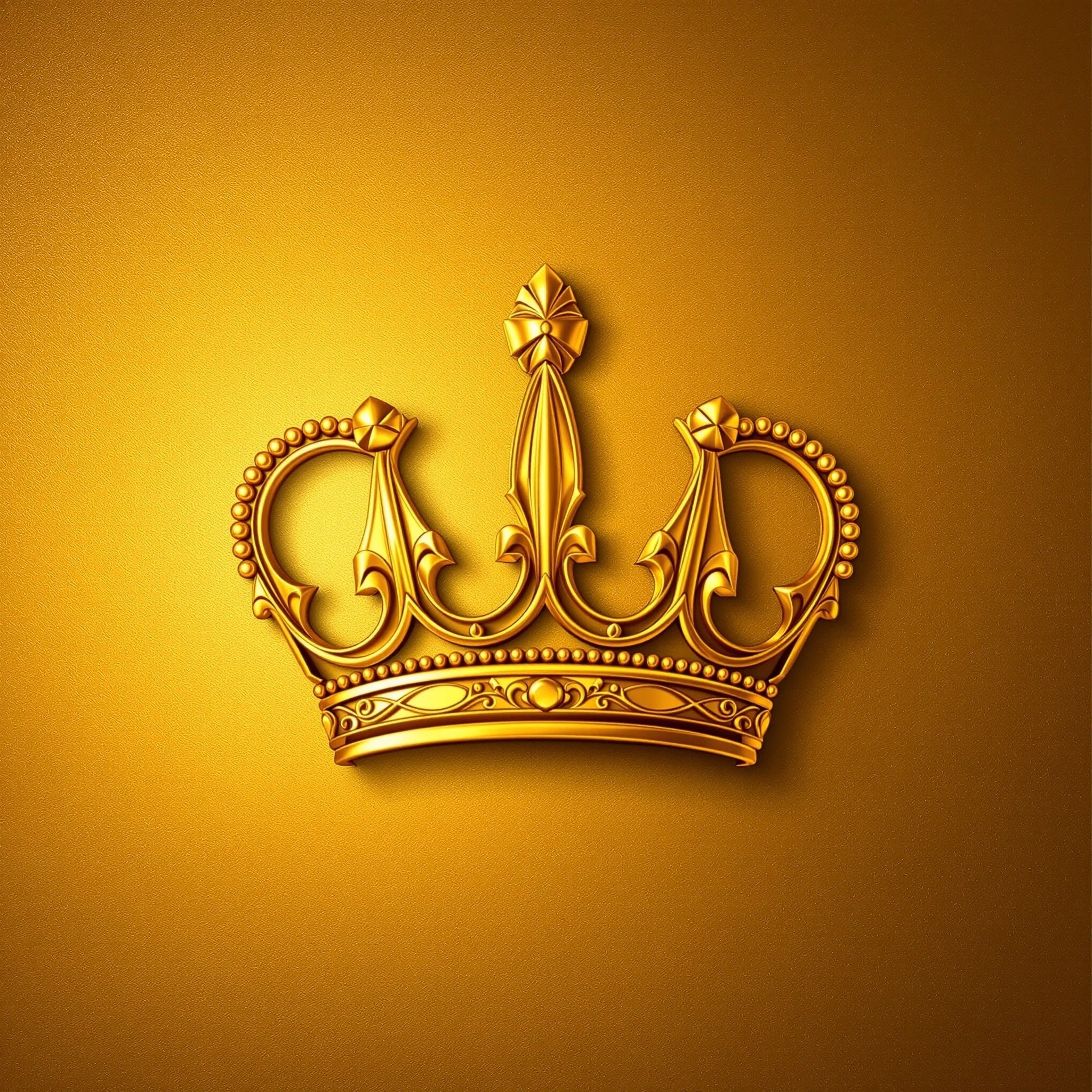 A detailed golden crown with ornate designs, set against a matching golden background.