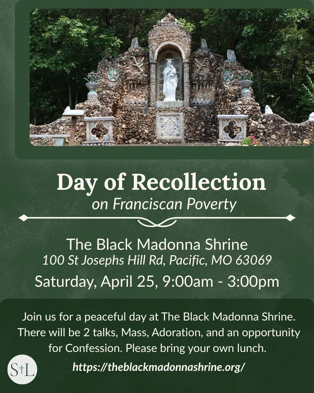 Join us this Saturday for a Day of Recollection at The Black Madonna Shrine! Come spend time in prayer in the beautiful foothills of the Ozarks with other young adults. We hope to see you there!