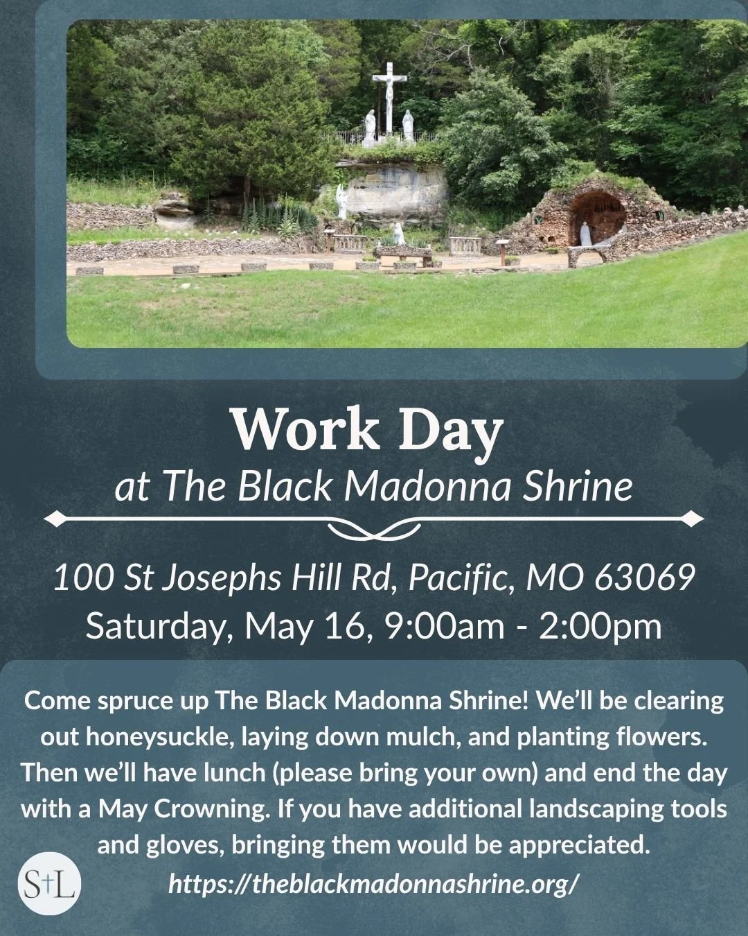 Join us this Saturday for a workday at The Black Madonna Shrine! Help clean up this beautiful shrine by clearing out honeysuckle, laying down mulch, and planting flowers. We hope you can make it!