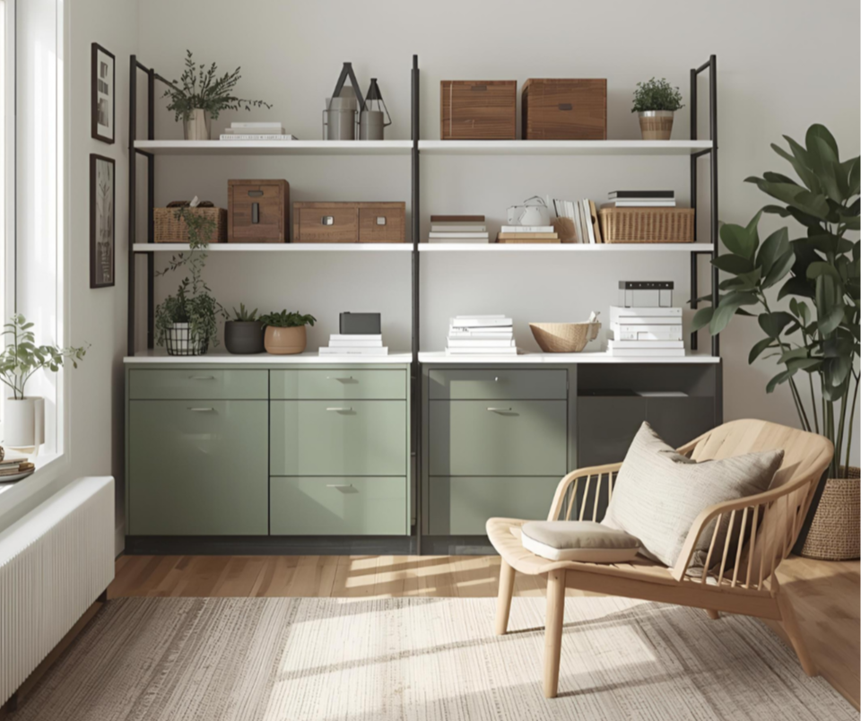 Living room with a large black metal bookshelf filled with decorative boxes, books, and plants, a beige armchair with a cushion, a large green potted plant, and a window letting in natural light.