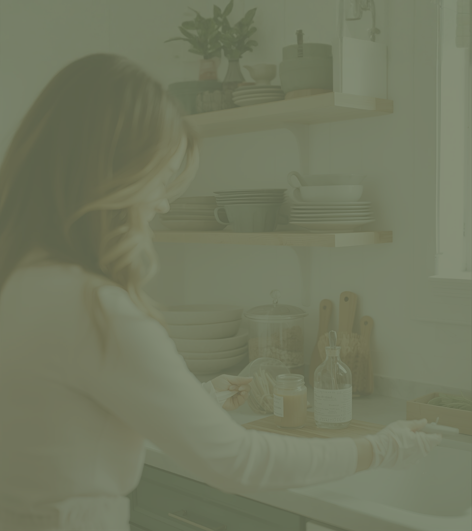 A woman cleaning a kitchen counter next to a window with shelves of dishes and kitchen utensils.