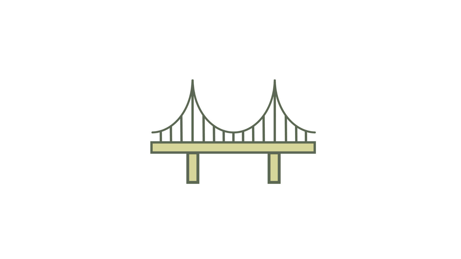 Simple illustration of a suspension bridge with two towers and cables, depicted with black lines on a transparent background.