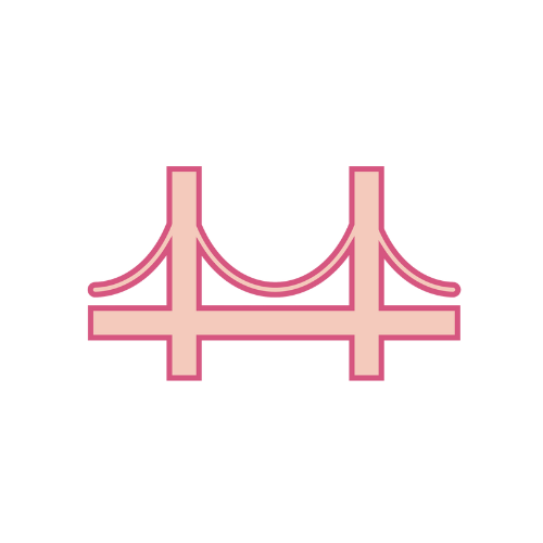 Stylized pink and purple depiction of a suspension bridge.