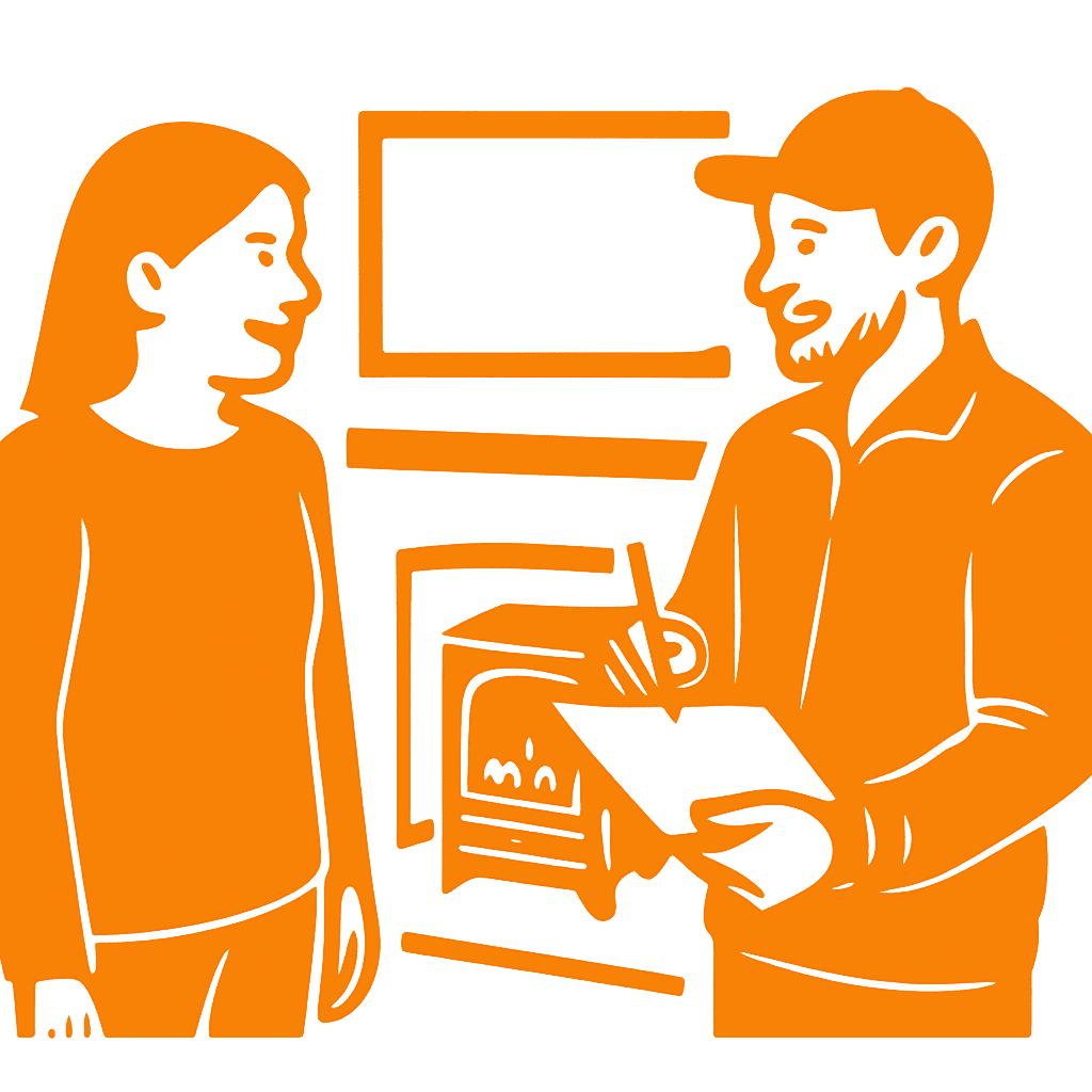 Two people discussing what options are available to a customer when buying a new wood burning or multi fuel stove