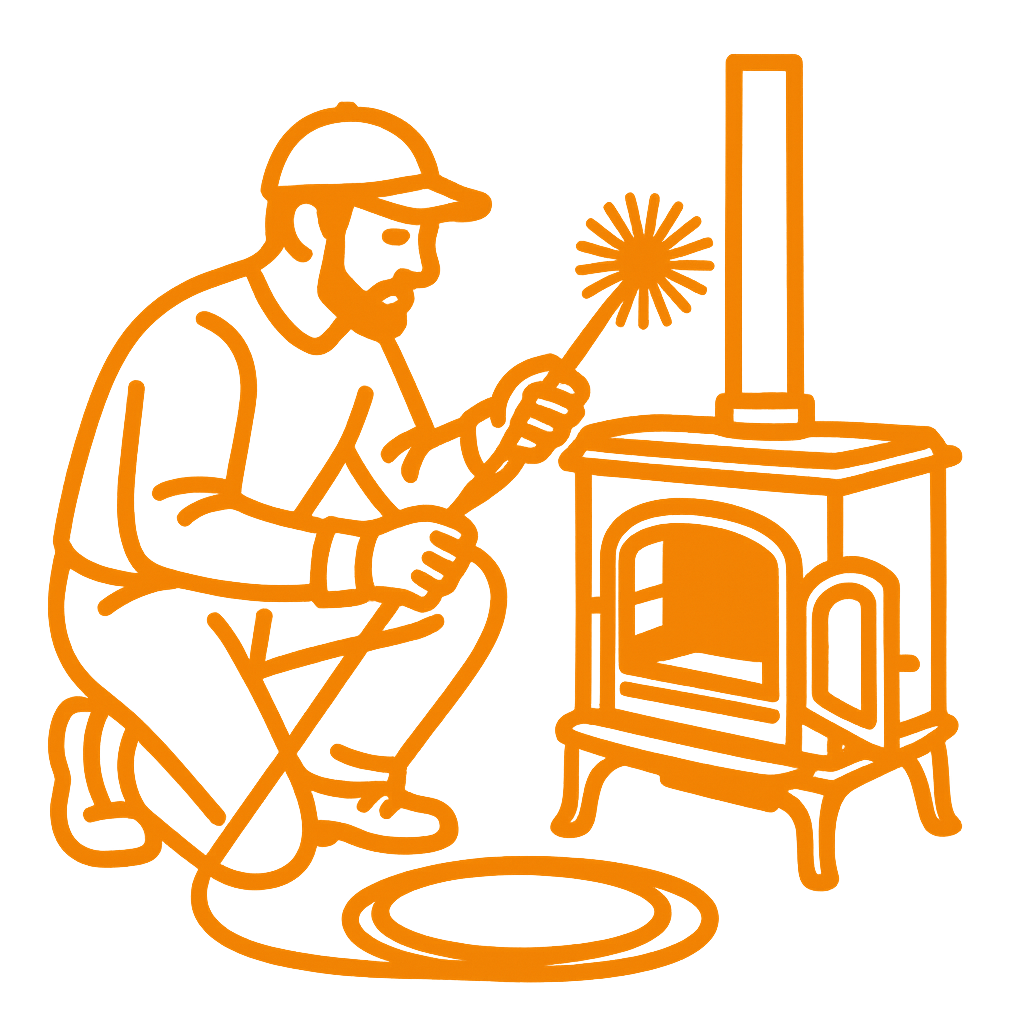 A wood burning & multi fuel stove installers with chimney sweeping brush preparing to maintain a flue system