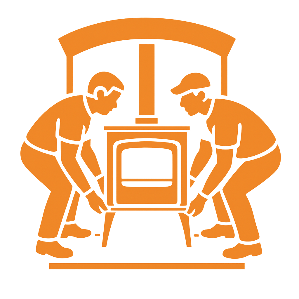 Two wood burning & multi-fuel stove installers installing a wood burning stove