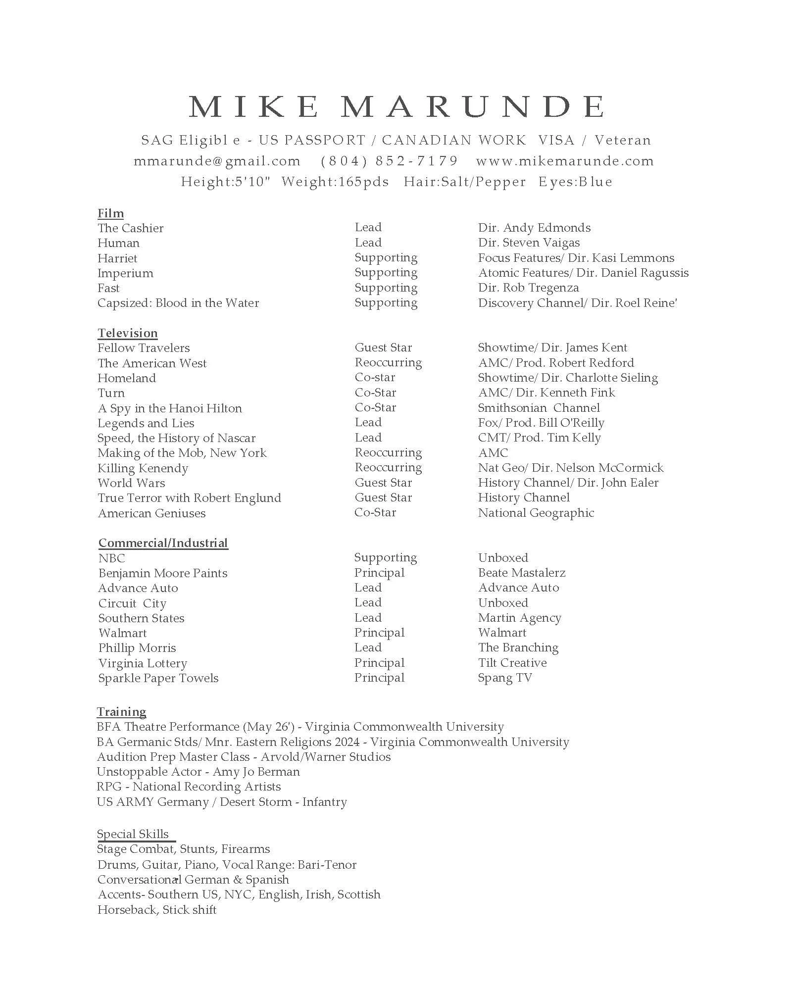 A detailed resume for Mike Marunde listing personal details, film, television, commercial, training, and special skills, in a neat text format.