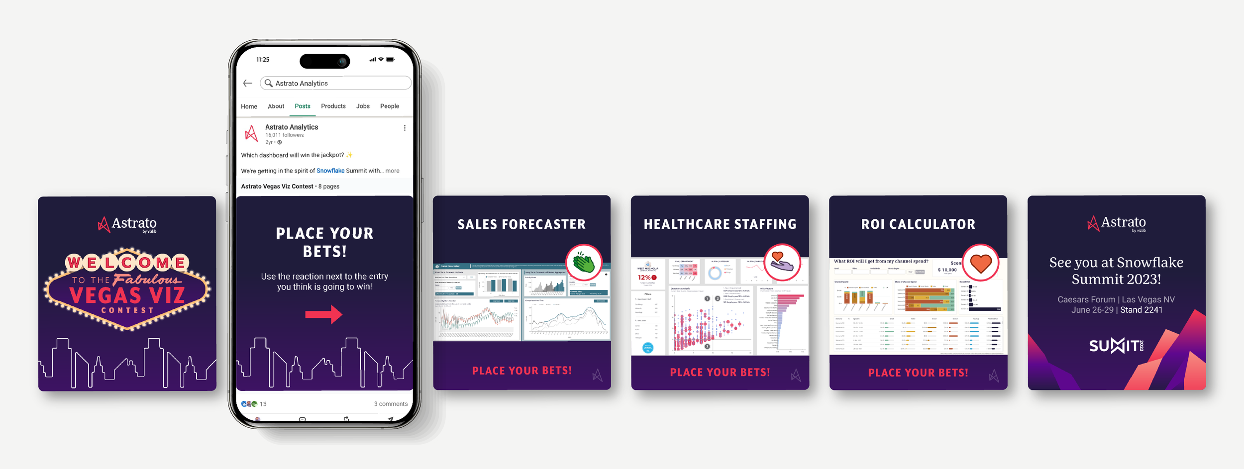 A phone shows a carousel on the Astrato LinkedIn page