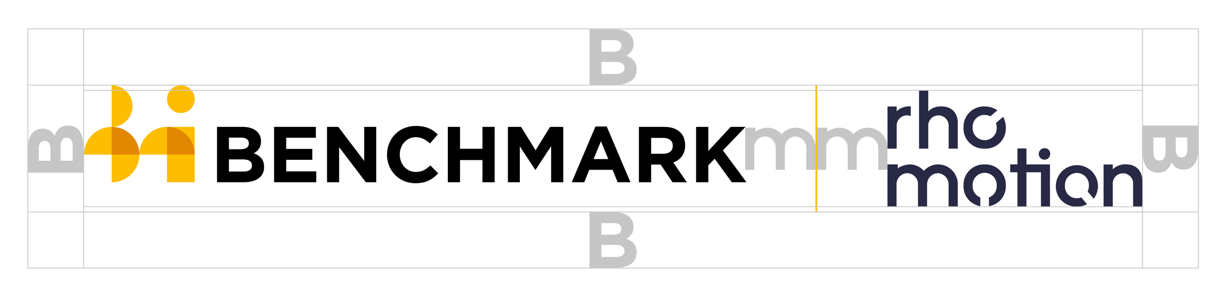 The Benchmark and Rho Motion logos sit side by side in a co-branded logo lockup, complete with spacing indicators