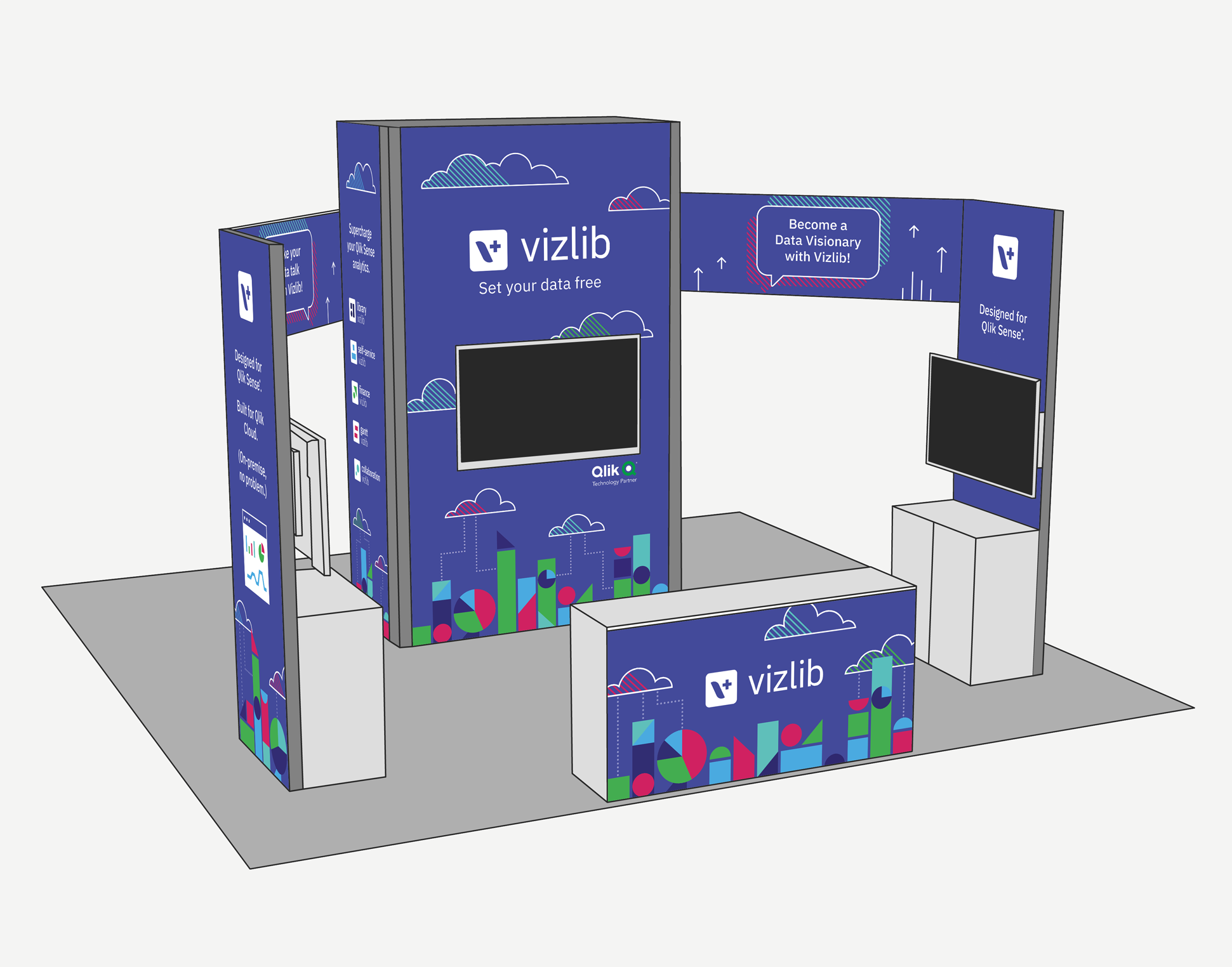 Final 3D mockup of the QlikWorld 2023 Vizlib stand