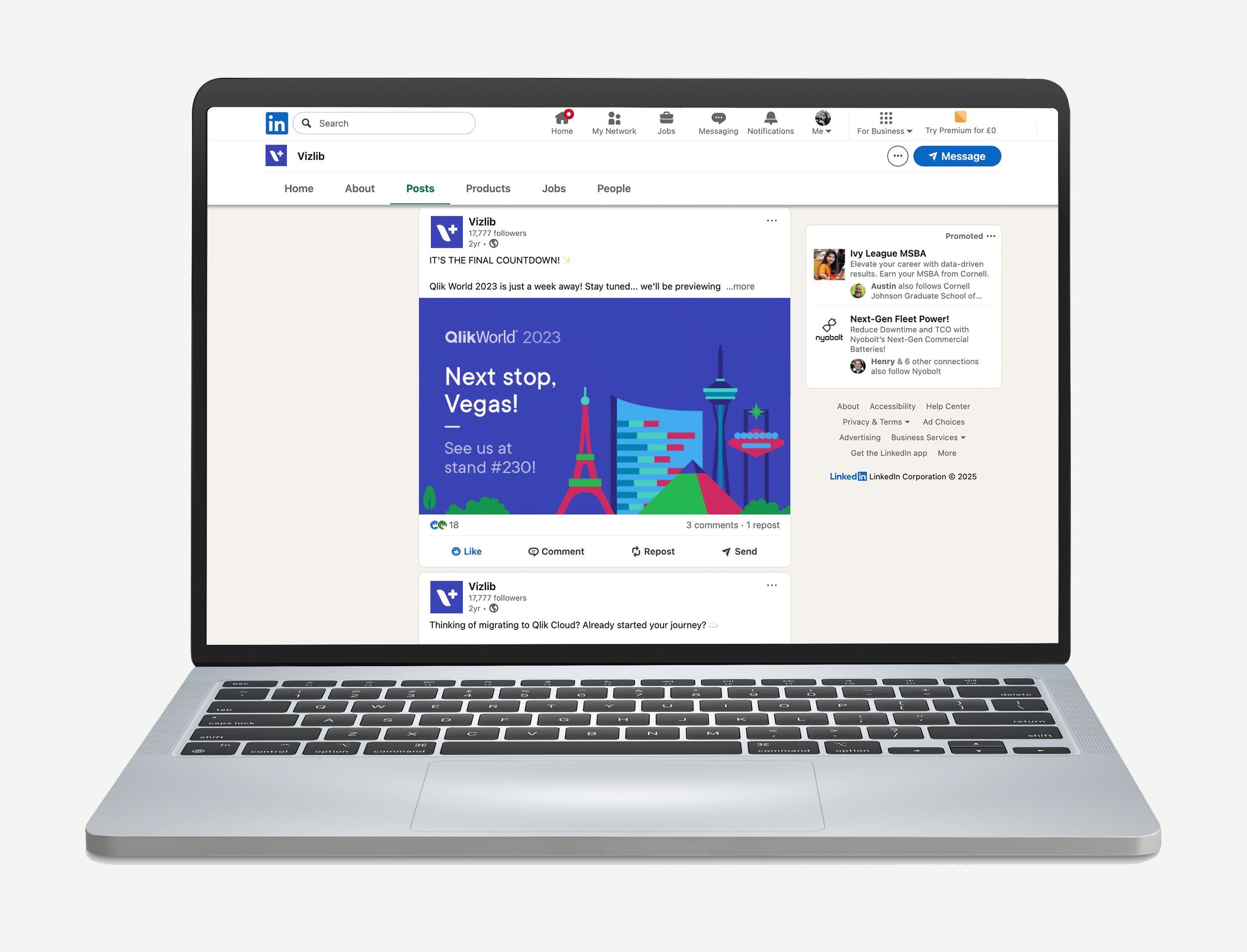 A laptop shows the desktop view of LinkedIn with a QlikWorld graphic