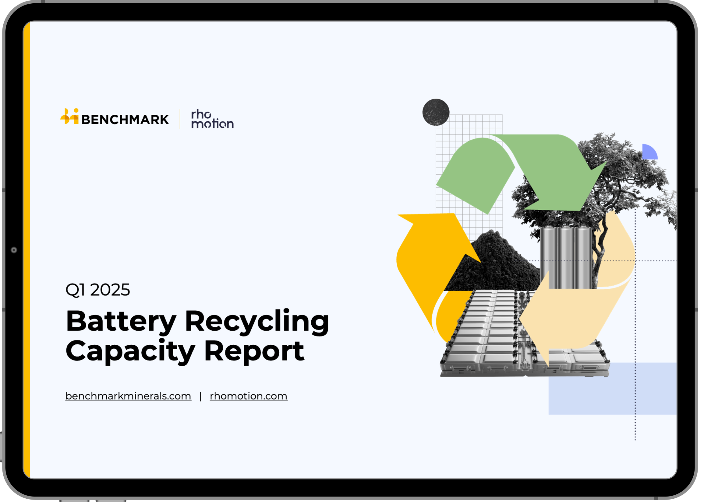 An ipad mockup showing the cover of Benchmark's Battery Recycling Capacity Report