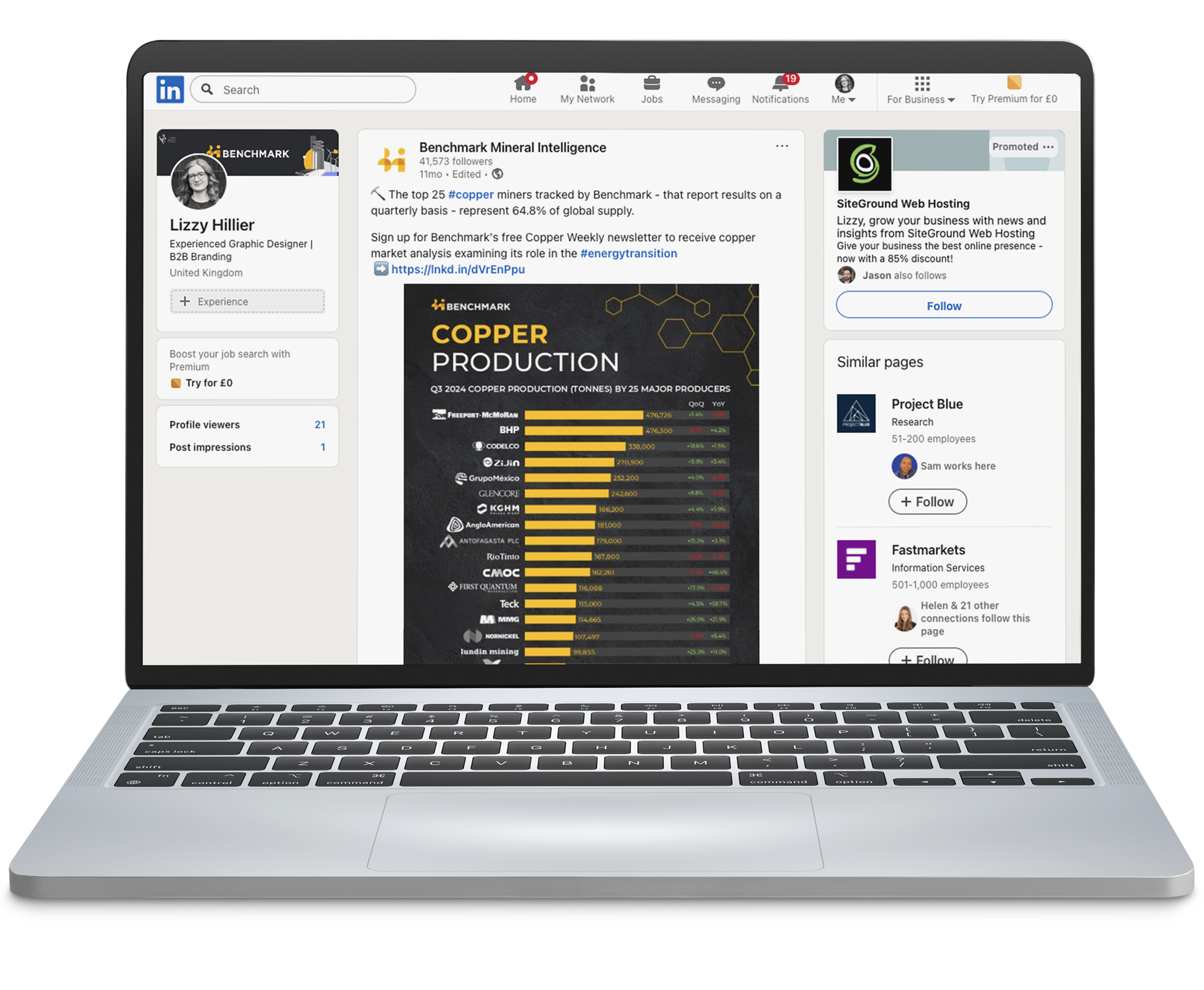 A laptop shows the desktop view of LinkedIn, with the Copper infographic in situ