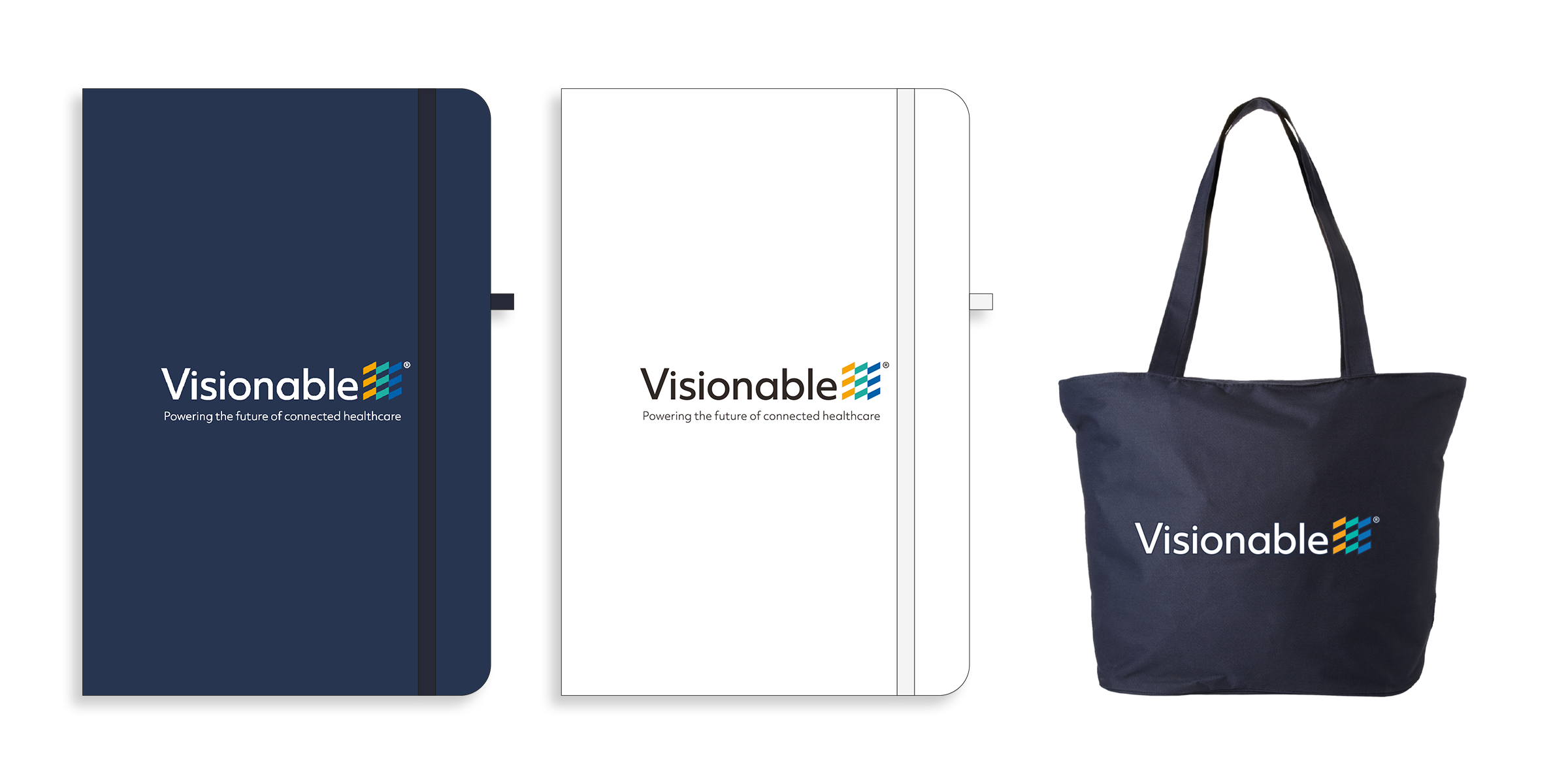 Mockups of Visionable branded merch including notebooks and tote bags