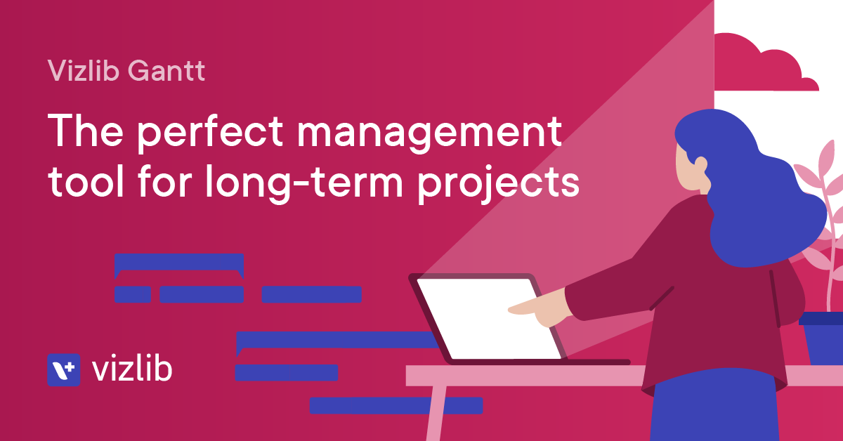 Blog Header for 'Vizlib Gantt' with flat illustration of a project manager with a gantt chart