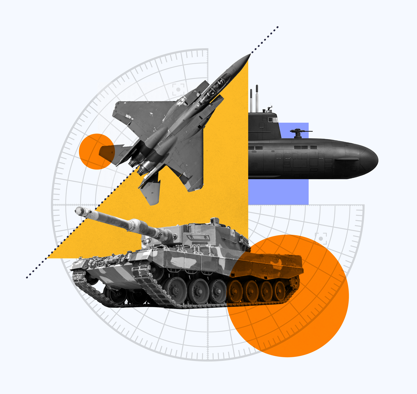 A collage depicting defence vehicles including a plane, tank and submarine