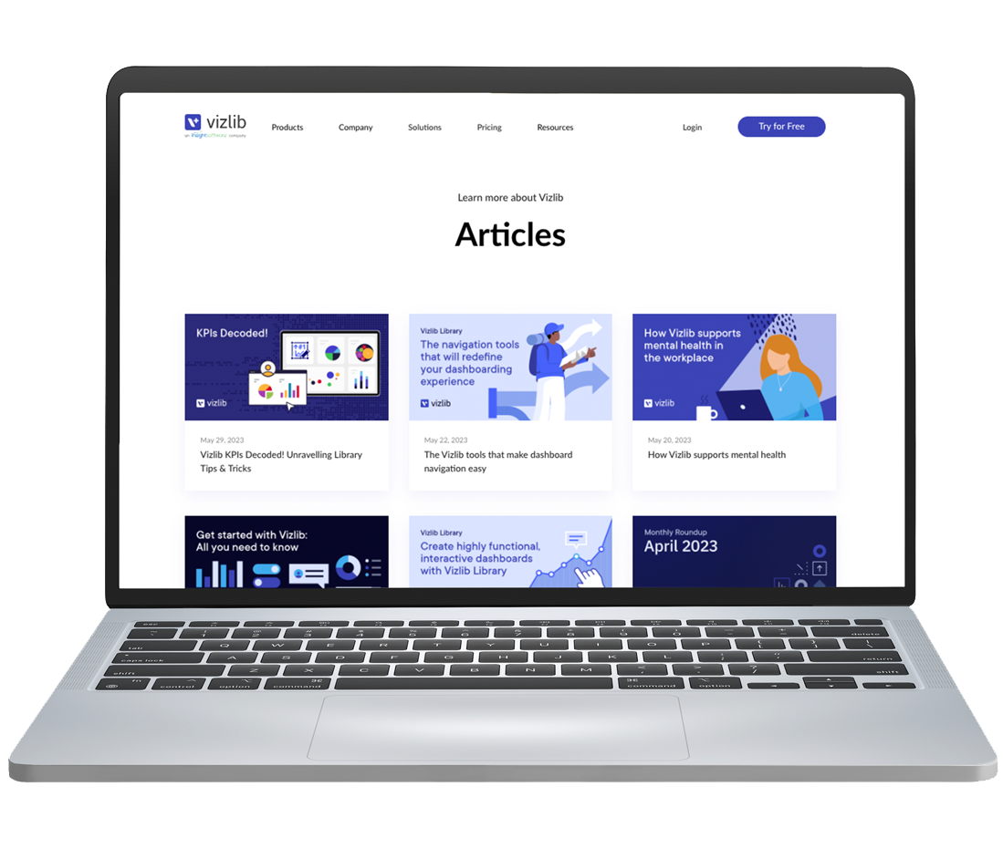 A laptop shows the Vizlib 'articles' landing page with illustrative blog headers