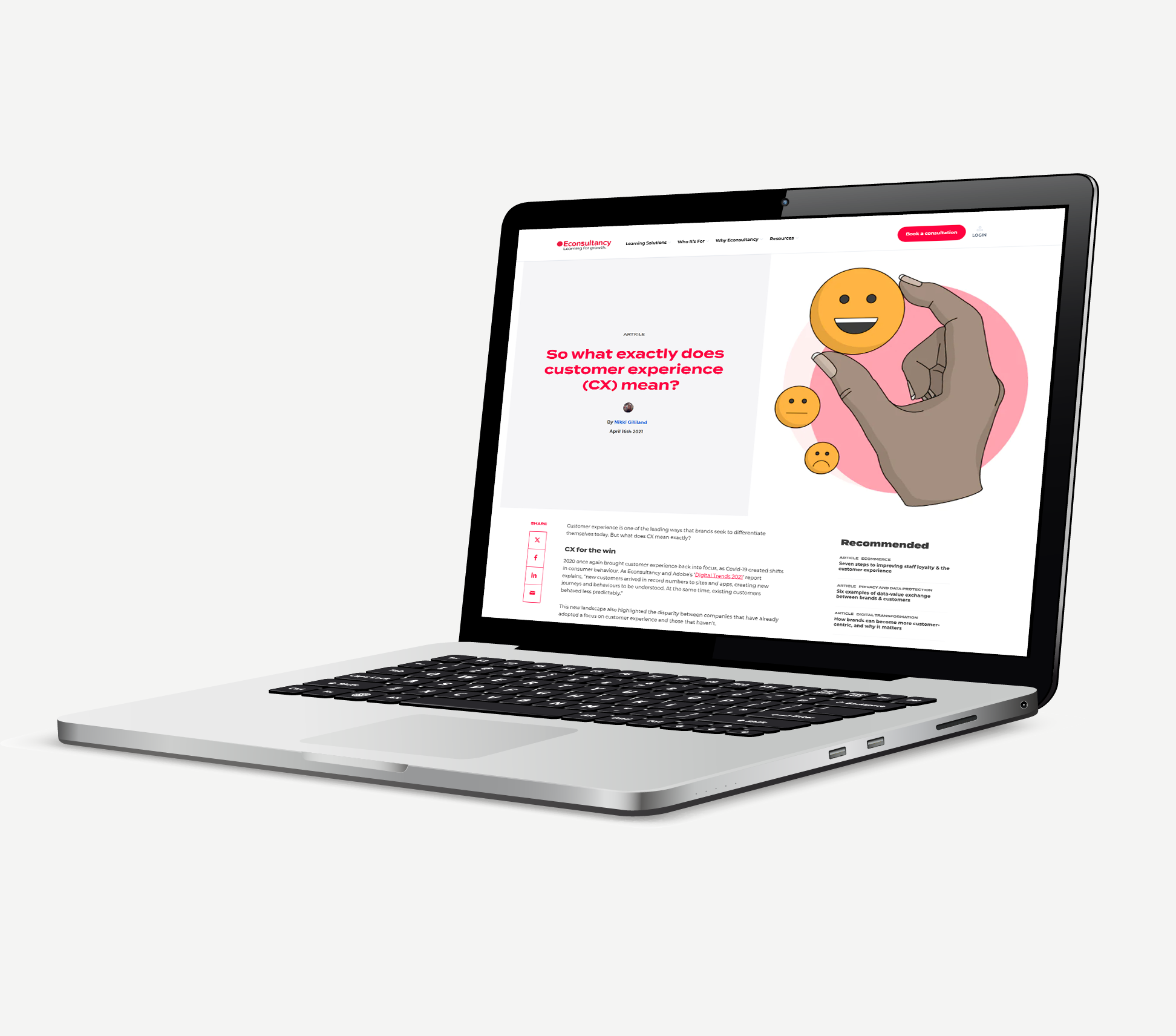 A laptop shows an Econsultancy article with hero illustration