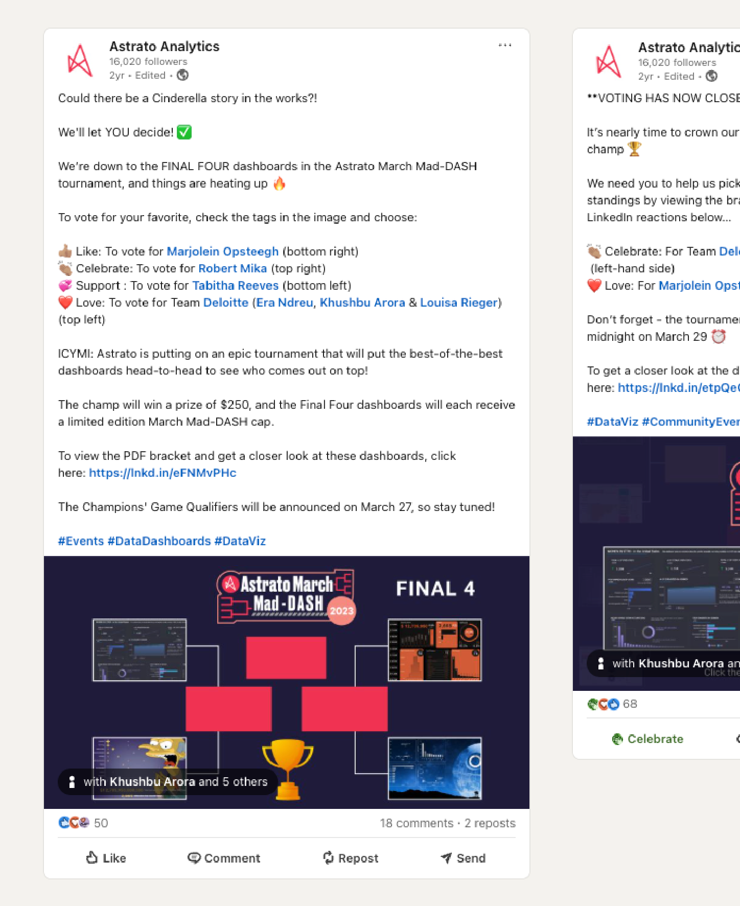 Screenshots of Astrato's March Mad-Dash Contest on LinkedIn