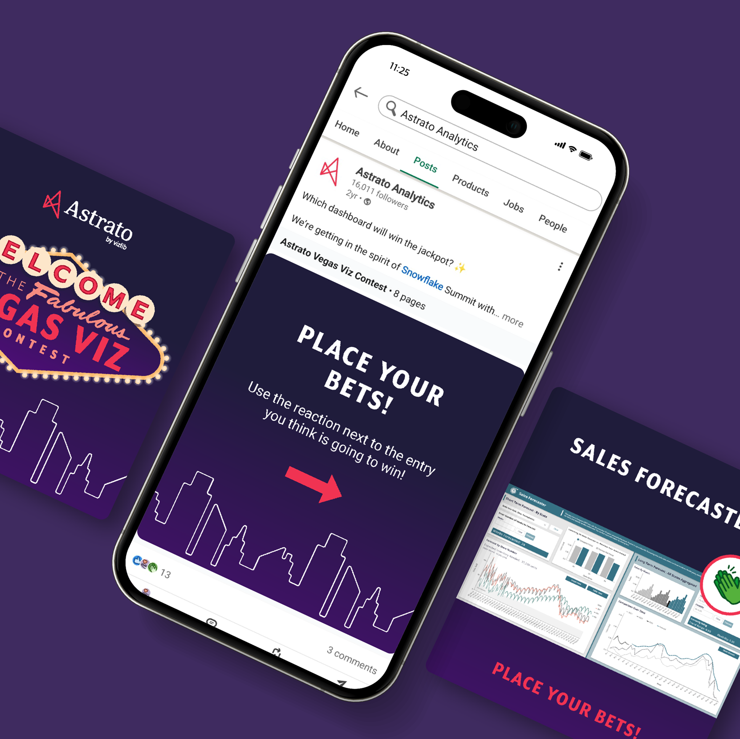 A phone shows a carousel on the Astrato LinkedIn page