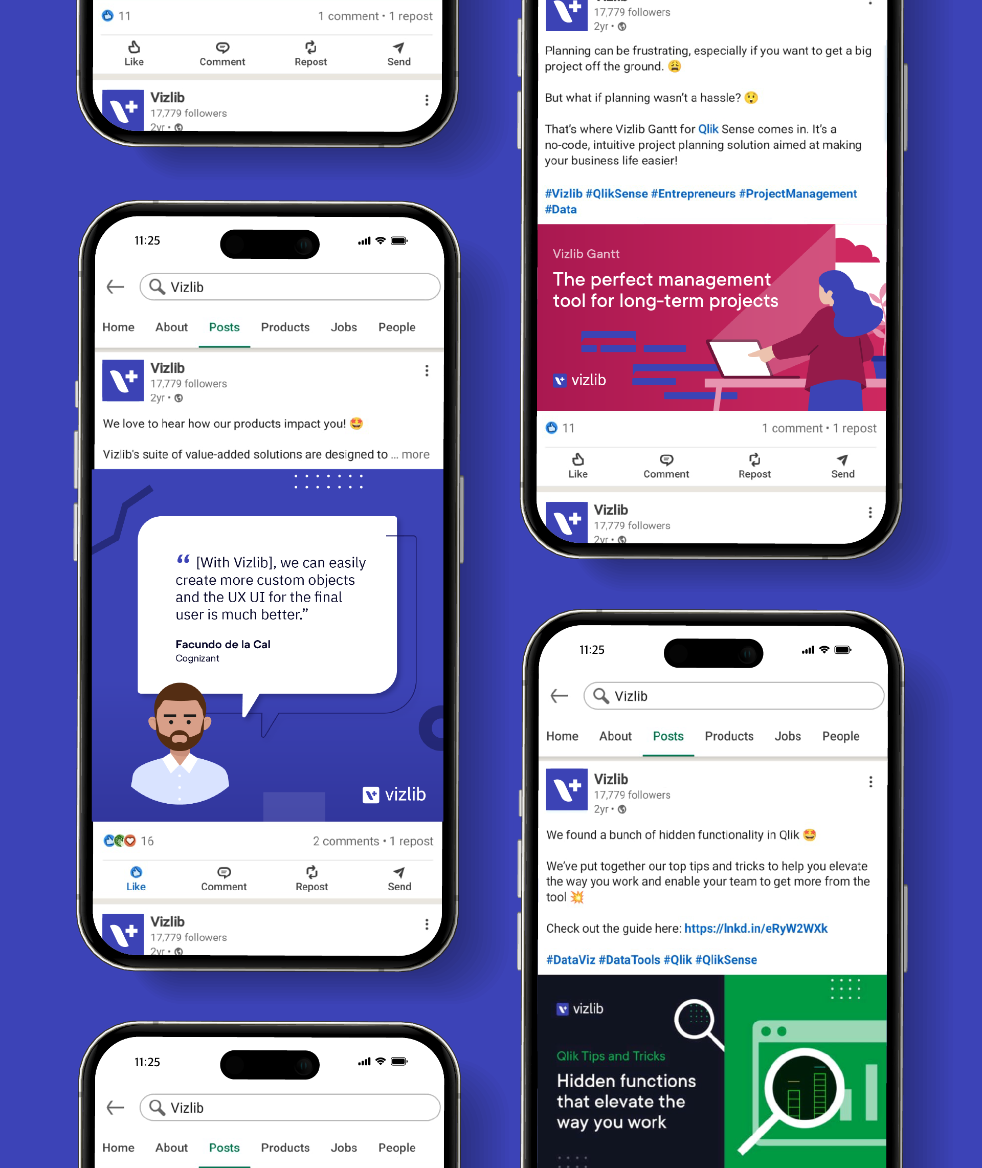 A grid of flatlay phone mockups depicting various content from the Vizlib LinkedIn channel