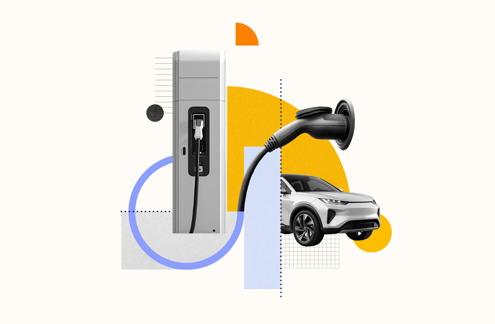 A collage depicting an electric vehicle plugged into a charging point