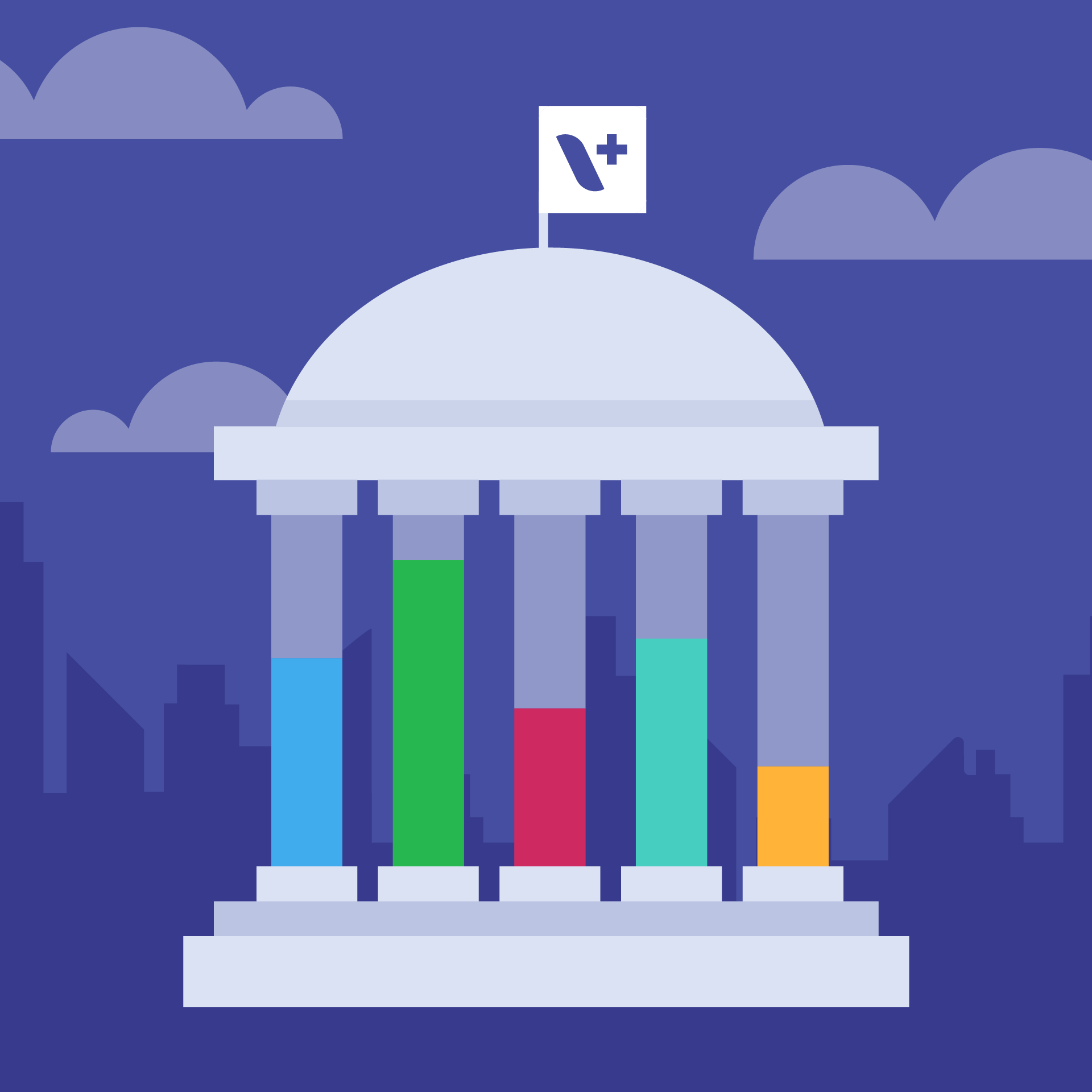 A colourful flat illustration of a government building with bar charts in its columns