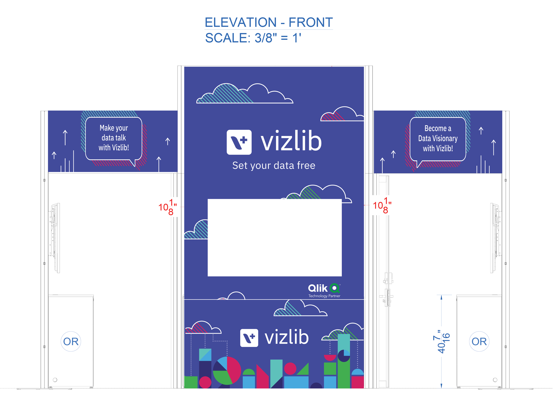 Front elevation technical drawing produced for the builders at QlikWorld 2023