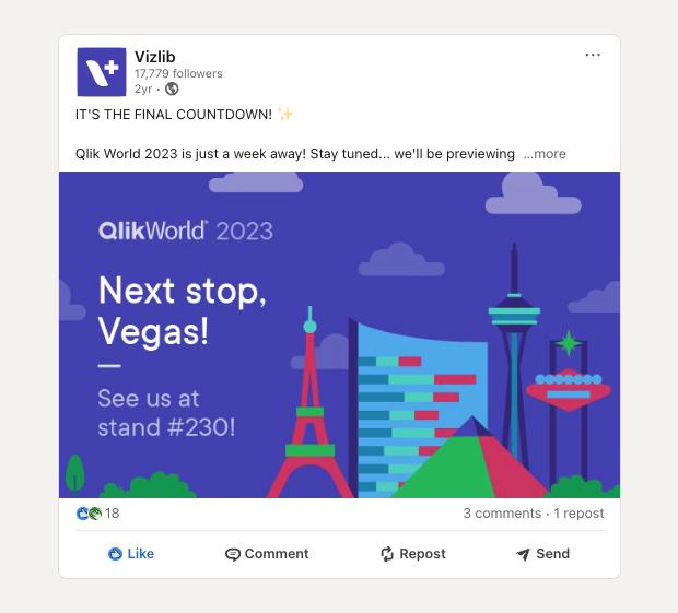 A screenshot of a Vizlib LinkedIn post depicting a countdown to the QlikWorld 2023 event