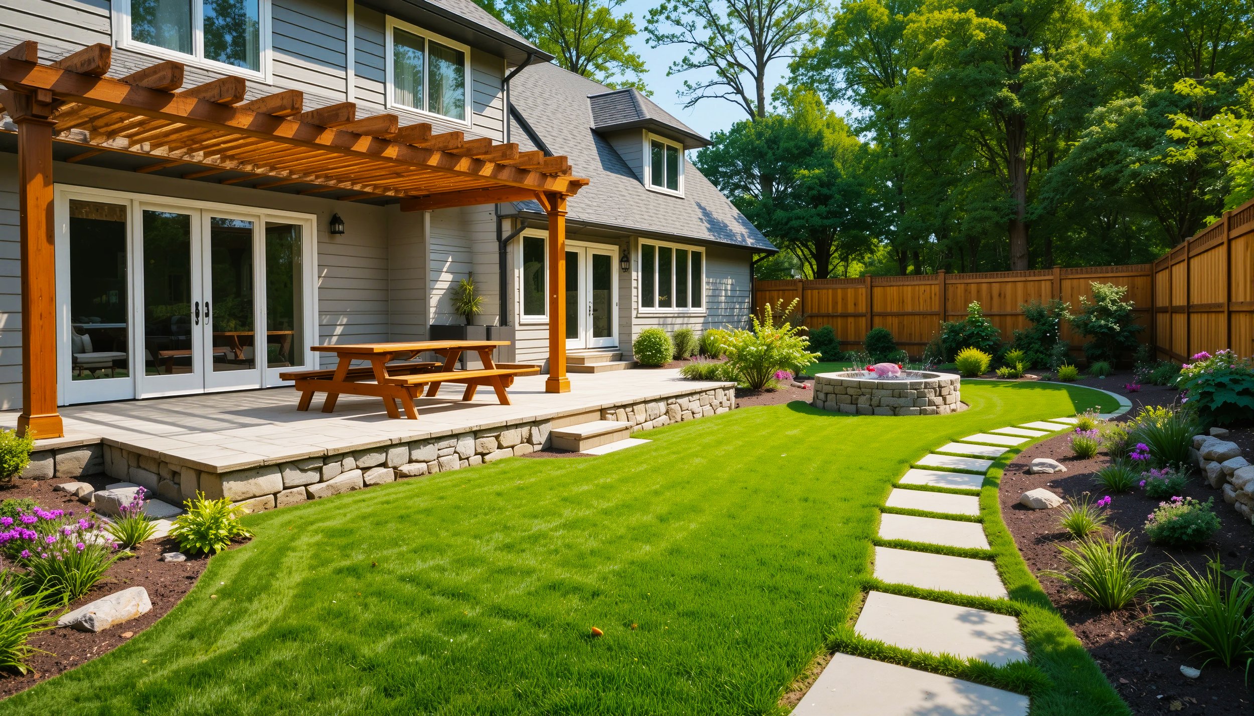 Backyard with a grass lawn, a stone pathway, a raised patio with a picnic table, a fire pit, and a house with sliding glass doors and large windows, surrounded by a wooden fence and trees.