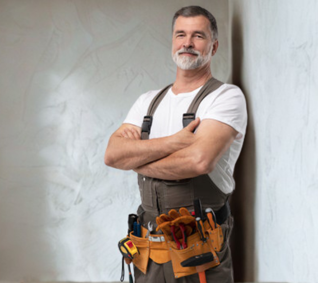 A man with gray hair and a beard standing against a light-colored wall, wearing white t-shirt and a tool apron with various tools.